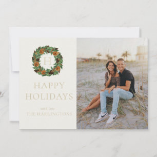 Single Photo Monogram Pine Wreath Simple Holiday 