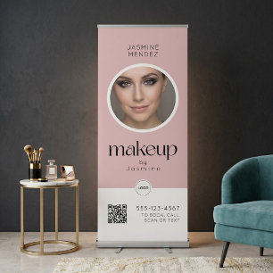 Single Photo QR Makeup Blush Pink White Salon Retractable Banner
