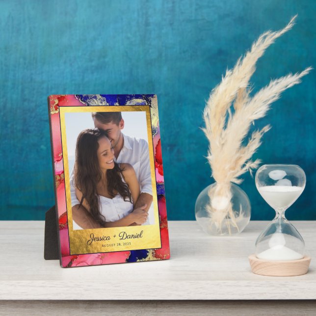 Single Photo Red Gold Wedding Plaque (Side)