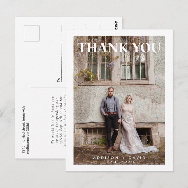 Single Photo Wedding White Thank You Postcard (Front/Back)