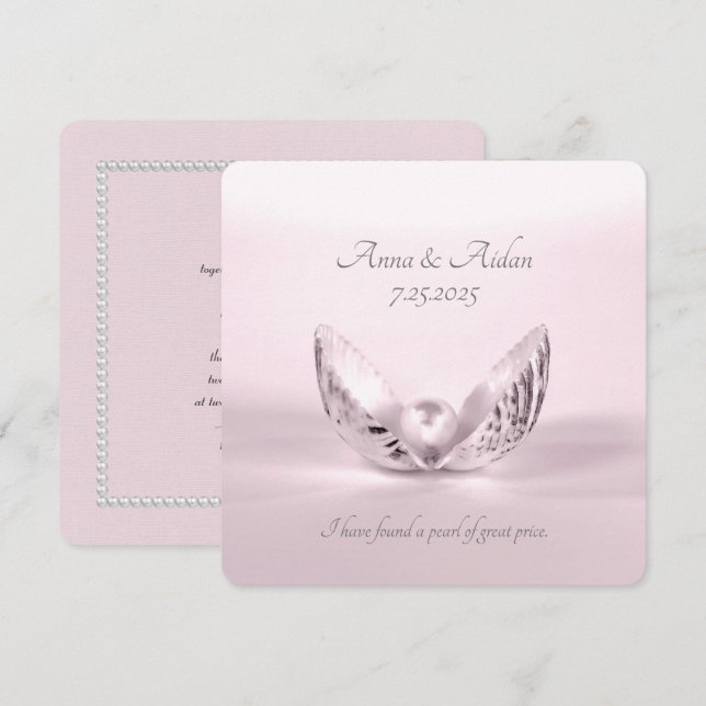 single pink pearl in seashell wedding invite (Front/Back)