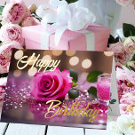 Single Pink Rose Elegant Birthday Wish  Foil Greeting Card<br><div class="desc">Embrace the epitome of elegance with our exquisite birthday card featuring a captivating photo of a beautiful pink rose on a dazzling glitter background. Inside, express your sentiments with a customisable message accompanied by a delicate rose detail. The back of the card showcases a tasteful arrangement of roses, adding a...</div>