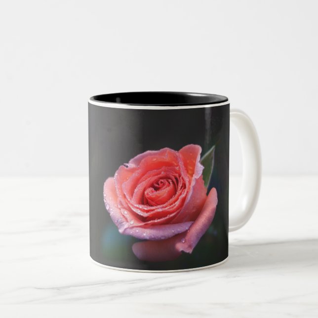 Single Pink Rose Two-Tone Coffee Mug (Front Right)