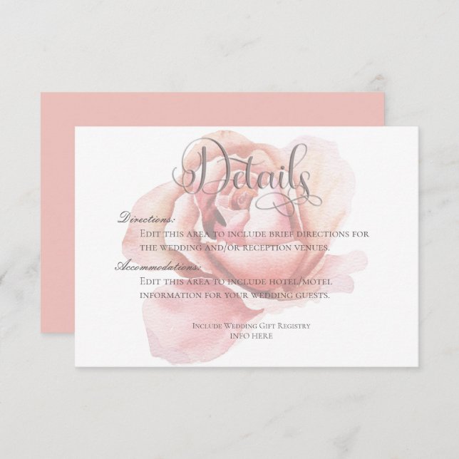 Single Pink Rosebud Flower Details Wedding Enclosure Card (Front/Back)