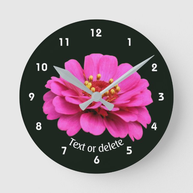Single Pink Zinnia Flower Personalised Round Clock (Front)