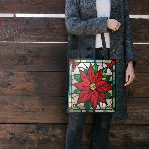 Single Poinsettia Faux Stained Glass Tote Bag