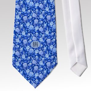 Single Print Monogram Cobalt Blue Protea Flower Tie