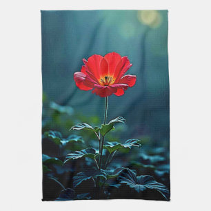 Single Red Bloom Focus Design Tea Towel