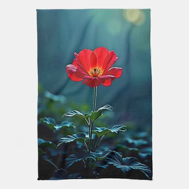 Single Red Bloom Focus Design Tea Towel (Vertical)