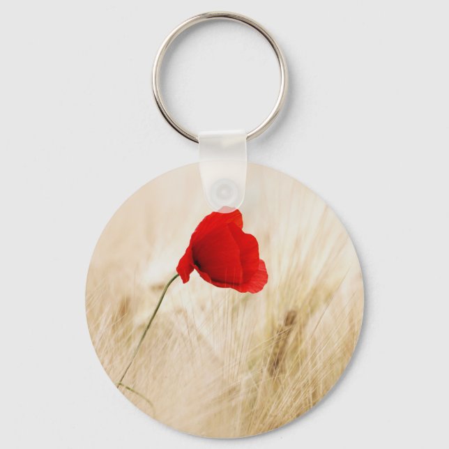Single Red Poppy in a Grassy Field Key Ring (Front)