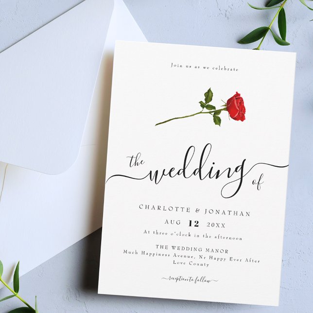 Single Red Rose Elegant Script Minimalist  Invitation (Single red rose elegant script minimalist wedding invitation)