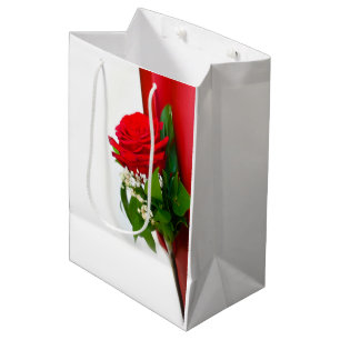 Single Red Rose – Floral White Background Medium Gift Bag