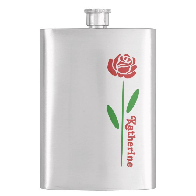 Single Red Rose Green Stem Leaves Customise Name Hip Flask (Front)