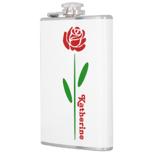 Single Red Rose Green Stem Leaves Customise Name Hip Flask