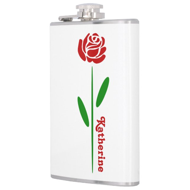 Single Red Rose Green Stem Leaves Customise Name Hip Flask (Left)