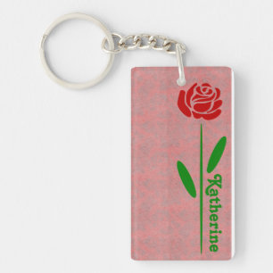 Single Red Rose Green Stem Leaves Customise Name Key Ring
