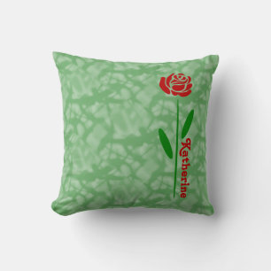 Single Red Rose Green Stem Leaves Personalised Cushion
