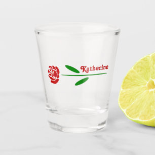 Single Red Rose Green Stem Leaves Personalised Shot Glass
