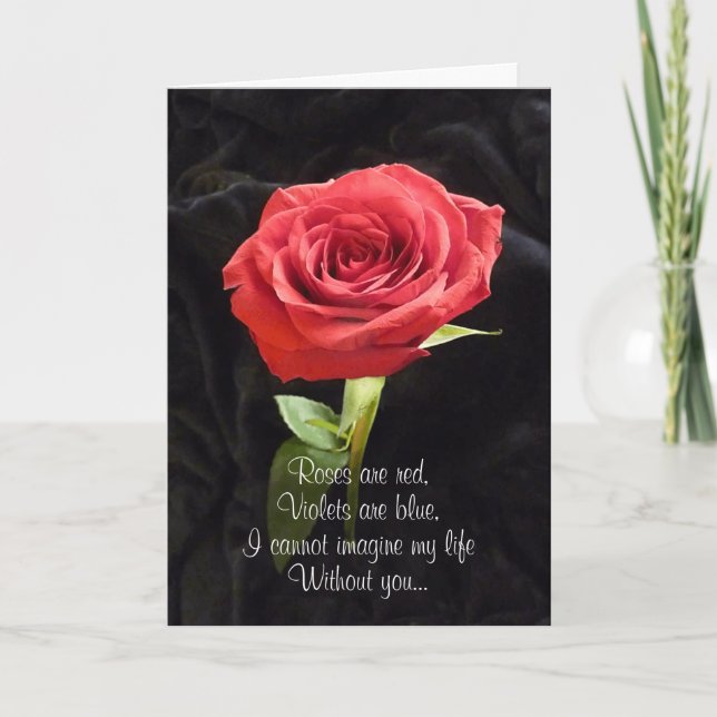Single Red Rose Romantic Valentines Day Poem Holiday Card (Front)