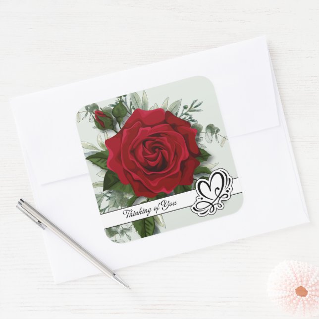 Single Red Rose Thinking of You Square Sticker (Envelope)