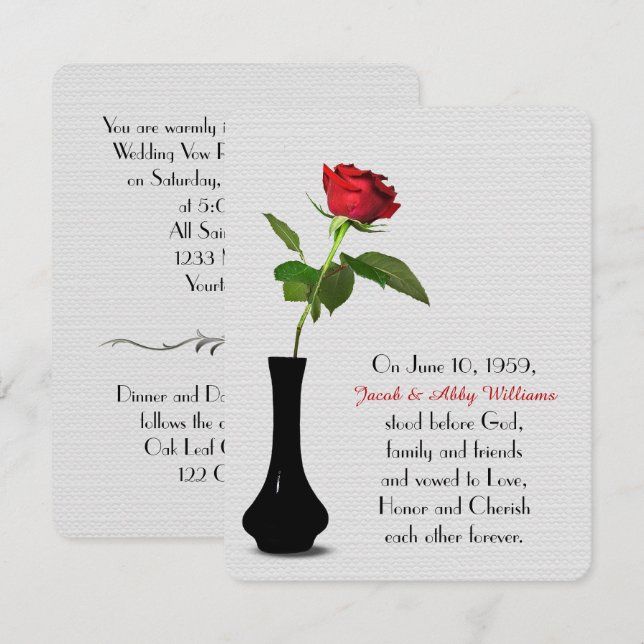single red rose wedding vow renewal invitation (Front/Back)