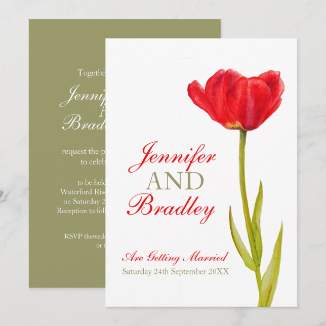 Single red tulip art white green wedding invitation (Front/Back)