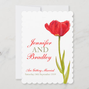 Single red tulip art white wedding invitation