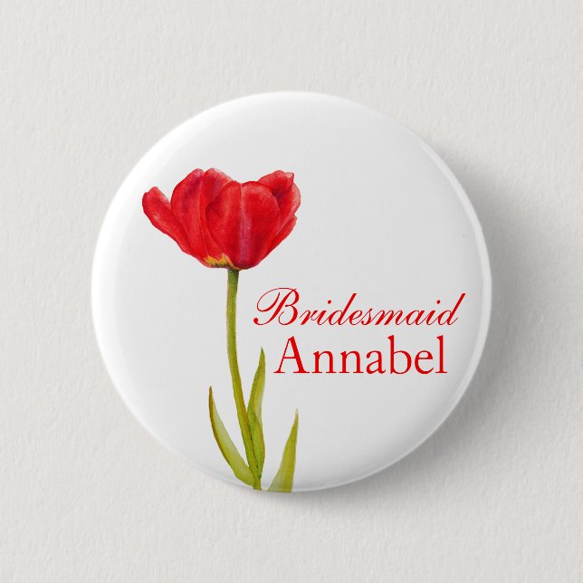 Single red tulip bridesmaid wedding pin / button (Front)