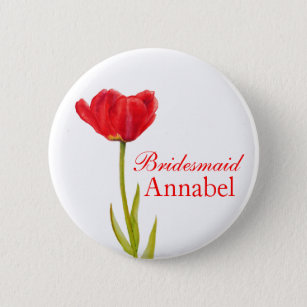 Single red tulip bridesmaid wedding pin / button
