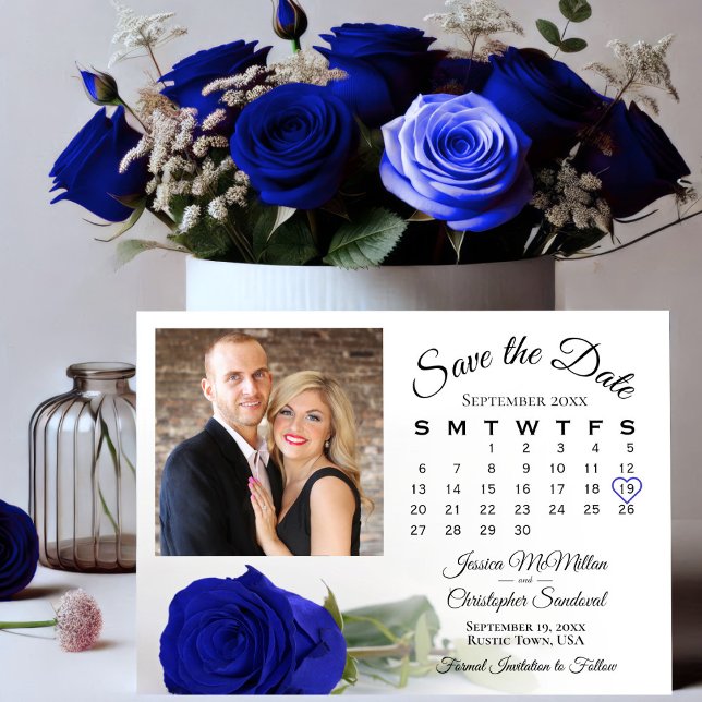 Single Royal Blue Rose Wedding Calendar & Photo Save The Date (Creator Uploaded)