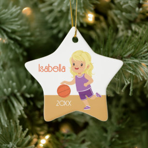 Single Sided Blonde Girl Basketball Ceramic Tree Decoration