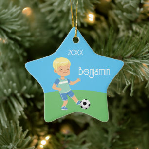 Single Sided Blonde Soccer Boy Ceramic Tree Decoration