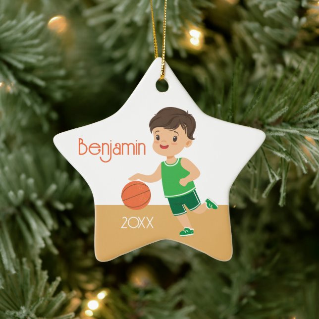Single Sided Brunette Boy Basketball  Ceramic Tree Decoration (Tree)