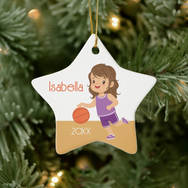 Single Sided Brunette Girl Basketball Ceramic Tree Decoration (Tree)