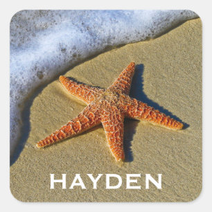 Single Starfish on Beach Personalised Square Sticker