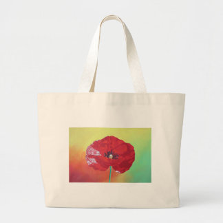 Single Stem Poppy On Red Green And Orange Backgrou Large Tote Bag