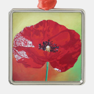 Single Stem Poppy On Red Green And Orange Backgrou Metal Tree Decoration