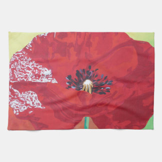 Single Stem Poppy On Red Green And Orange Backgrou Tea Towel