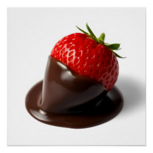 Single strawberry dipped halfway in chocolate poster