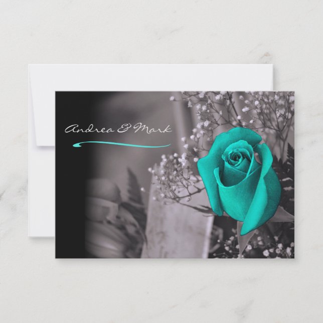 Single Turquoise Rose Fade to Black Wedding Invitation (Front)