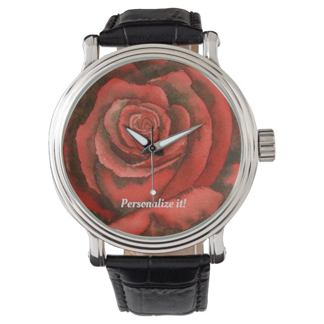 Single vivid red rose in close up watch (Front)