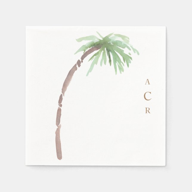 Single Watercolor Palm Gold Monogram Cocktail Napkin (Front)