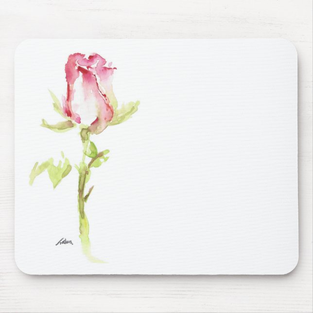 Single Watercolor Pink Red Rose Handpainted Mouse Mat (Front)