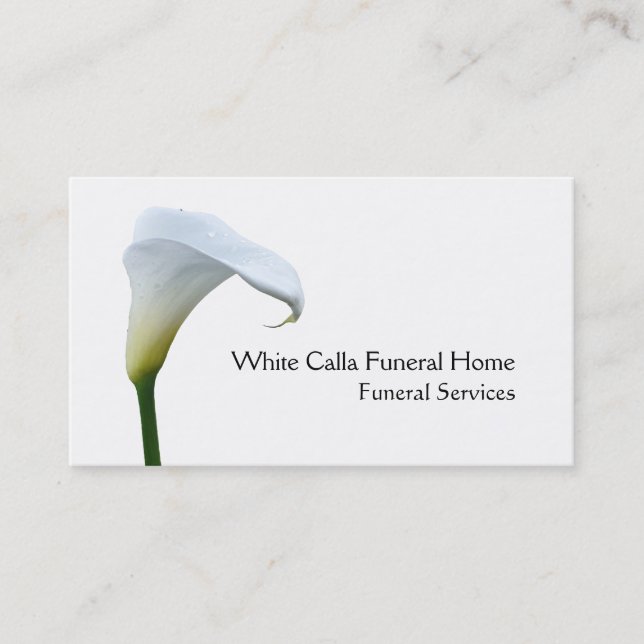 Single white arum lily funeral director business card (Front)