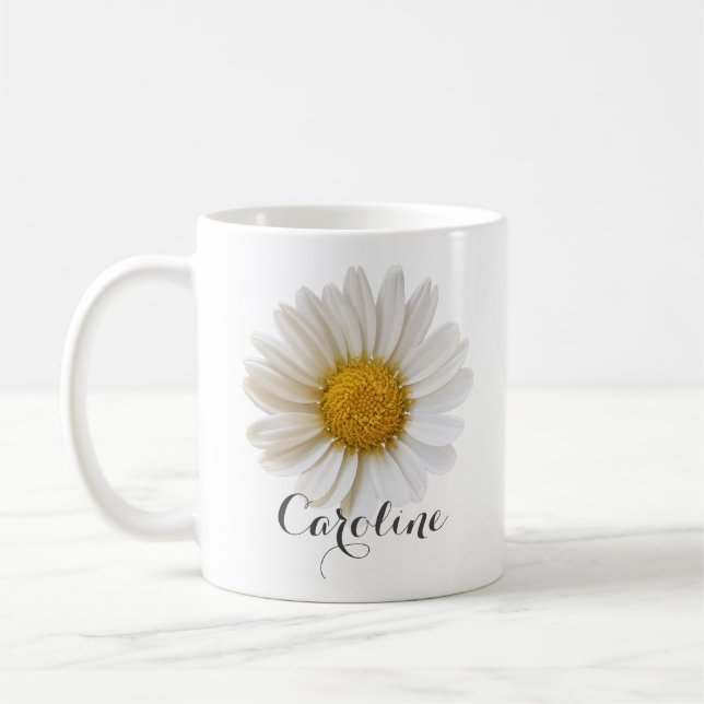 Single White Daisy with Custom Name Coffee Mug (Left)
