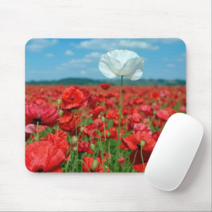 Single White Poppy in a Red Poppy Field Mouse Mat