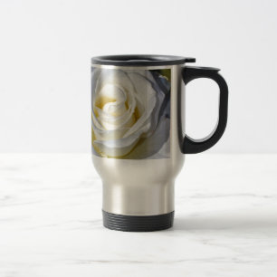 Single white rose blossoms travel mug