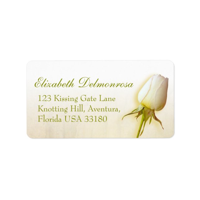 Single white rose bud wedding reply address label (Front)