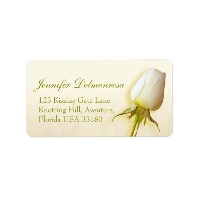 Single white rose bud wedding reply address label (Front)