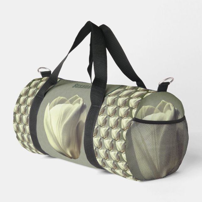 Single White Tulip Flower Personalised Duffle Bag (Right Corner)